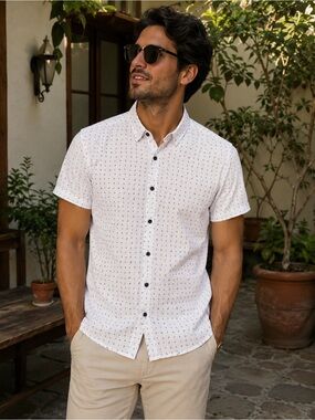 ⁠Hang Ten Men's White Short Sleeve Shirt 🌵 Paisley & Cactus Print ☀️ Siz
